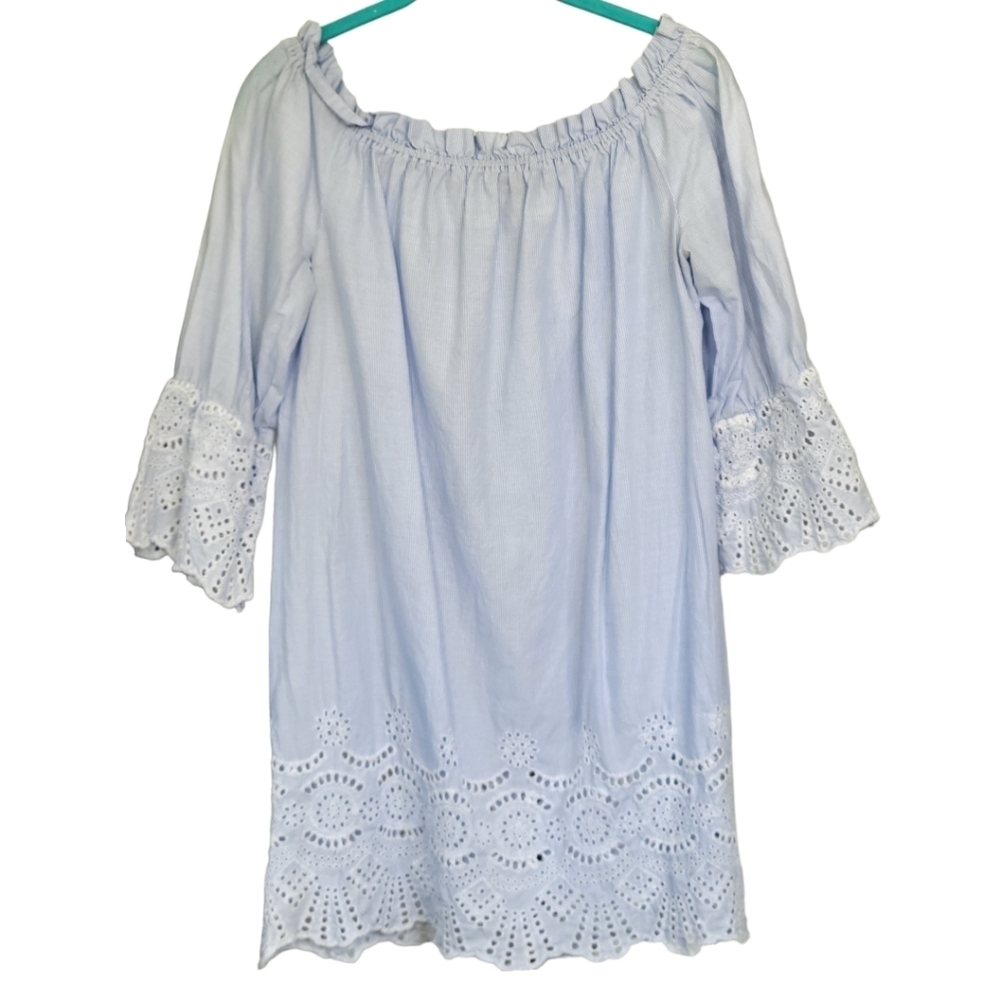 Violet Sky Blue Pinstripe Eyelet Off Shoulder Peasant Tunic Top M Coastal Boho